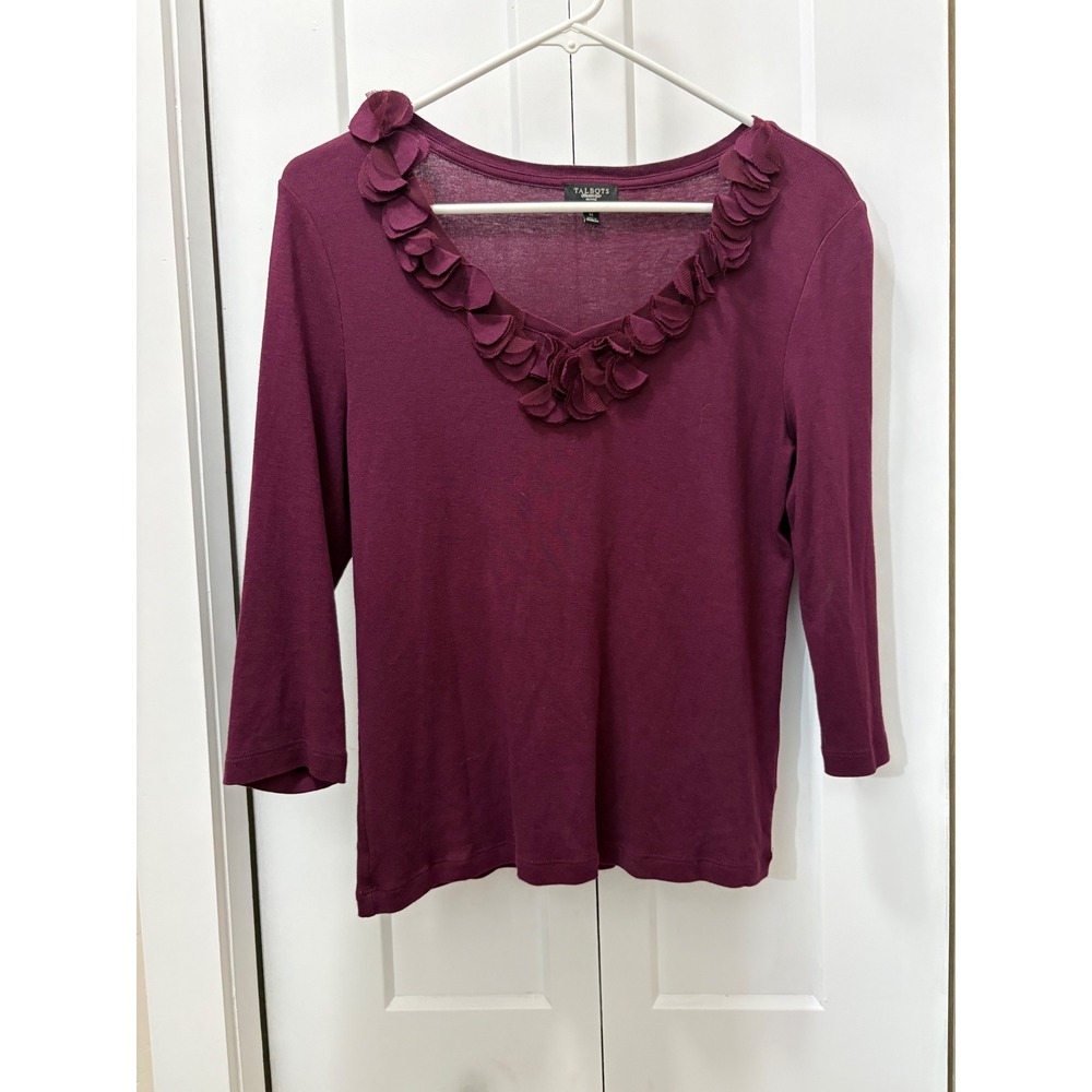 Talbots Petites medium Plum Ruffle V-Neck 3/4 Sleeve Cotton Modal Top Medium P
